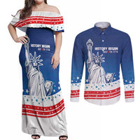 History Began 4th of July Personalized Couples Matching Off Shoulder Maxi Dress and Long Sleeve Button Shirt Statue of Liberty US Flag