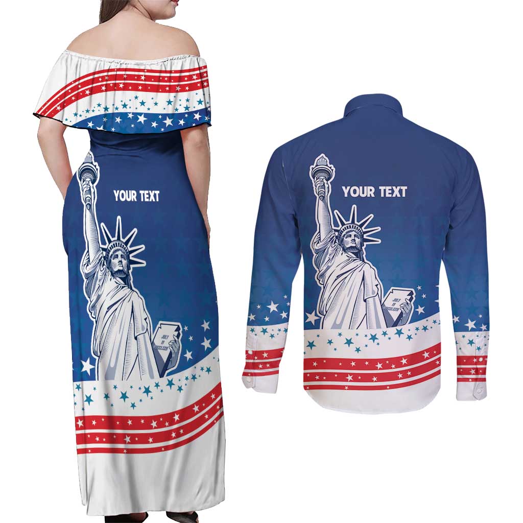 History Began 4th of July Personalized Couples Matching Off Shoulder Maxi Dress and Long Sleeve Button Shirt Statue of Liberty US Flag