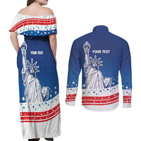 History Began 4th of July Personalized Couples Matching Off Shoulder Maxi Dress and Long Sleeve Button Shirt Statue of Liberty US Flag