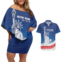 History Began 4th of July Personalized Couples Matching Off Shoulder Short Dress and Hawaiian Shirt Statue of Liberty US Flag