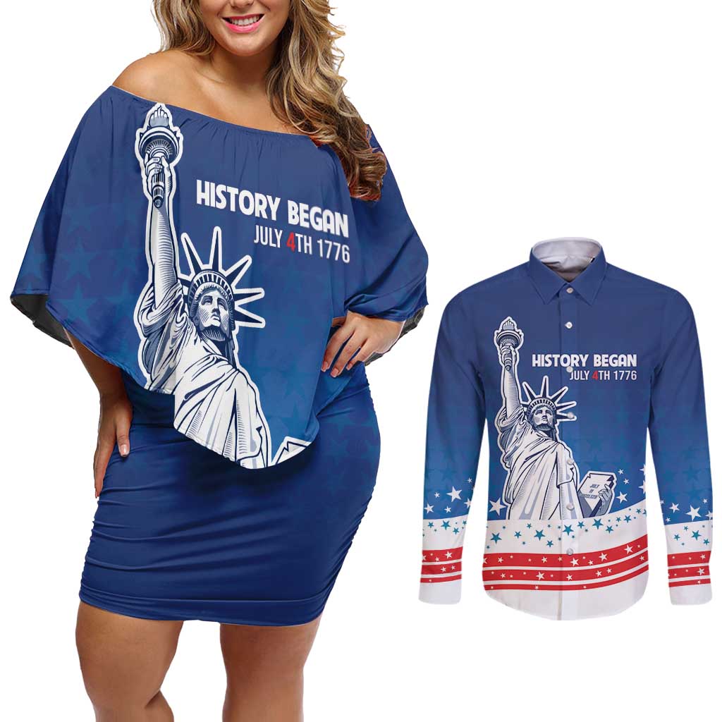 History Began 4th of July Personalized Couples Matching Off Shoulder Short Dress and Long Sleeve Button Shirt Statue of Liberty US Flag