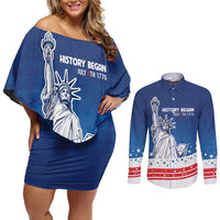 History Began 4th of July Personalized Couples Matching Off Shoulder Short Dress and Long Sleeve Button Shirt Statue of Liberty US Flag