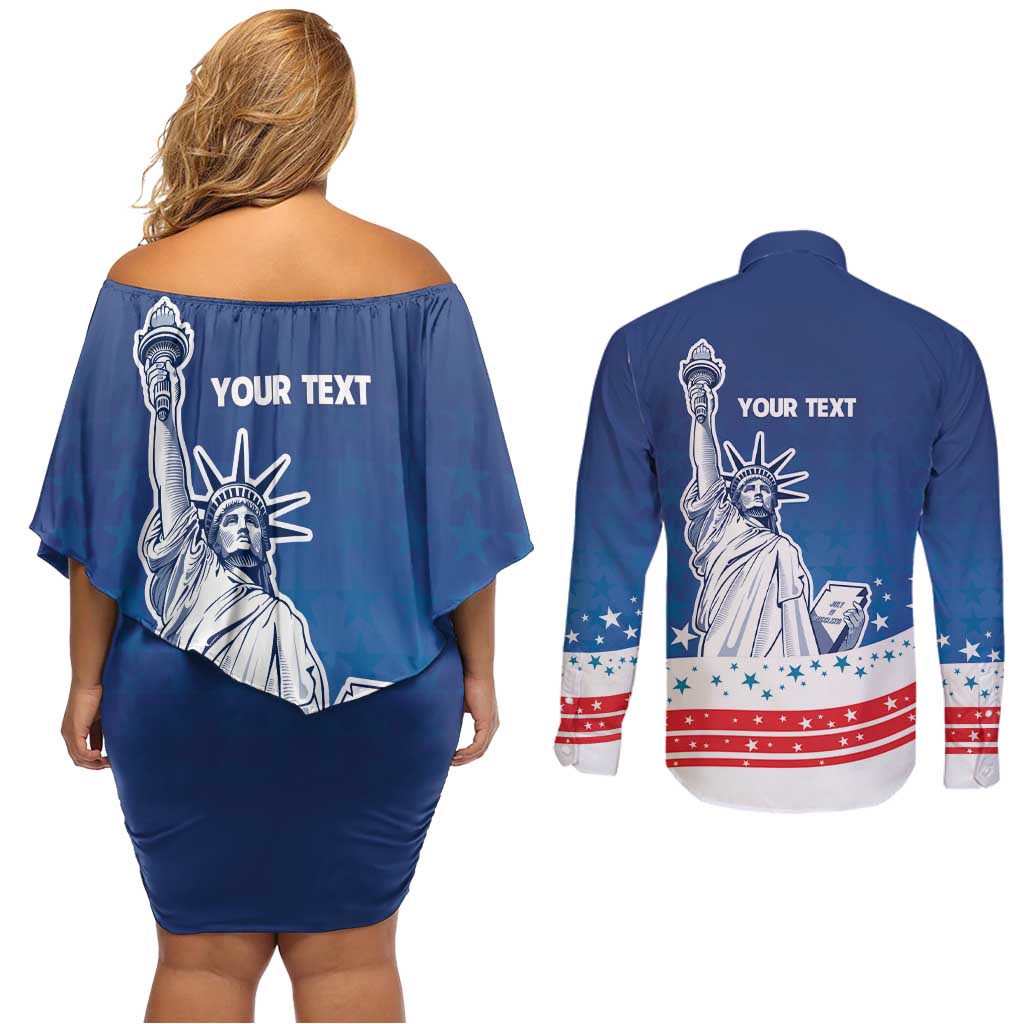 History Began 4th of July Personalized Couples Matching Off Shoulder Short Dress and Long Sleeve Button Shirt Statue of Liberty US Flag