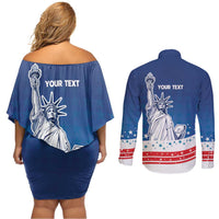 History Began 4th of July Personalized Couples Matching Off Shoulder Short Dress and Long Sleeve Button Shirt Statue of Liberty US Flag