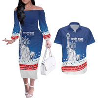 History Began 4th of July Personalized Couples Matching Off The Shoulder Long Sleeve Dress and Hawaiian Shirt Statue of Liberty US Flag