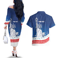 History Began 4th of July Personalized Couples Matching Off The Shoulder Long Sleeve Dress and Hawaiian Shirt Statue of Liberty US Flag
