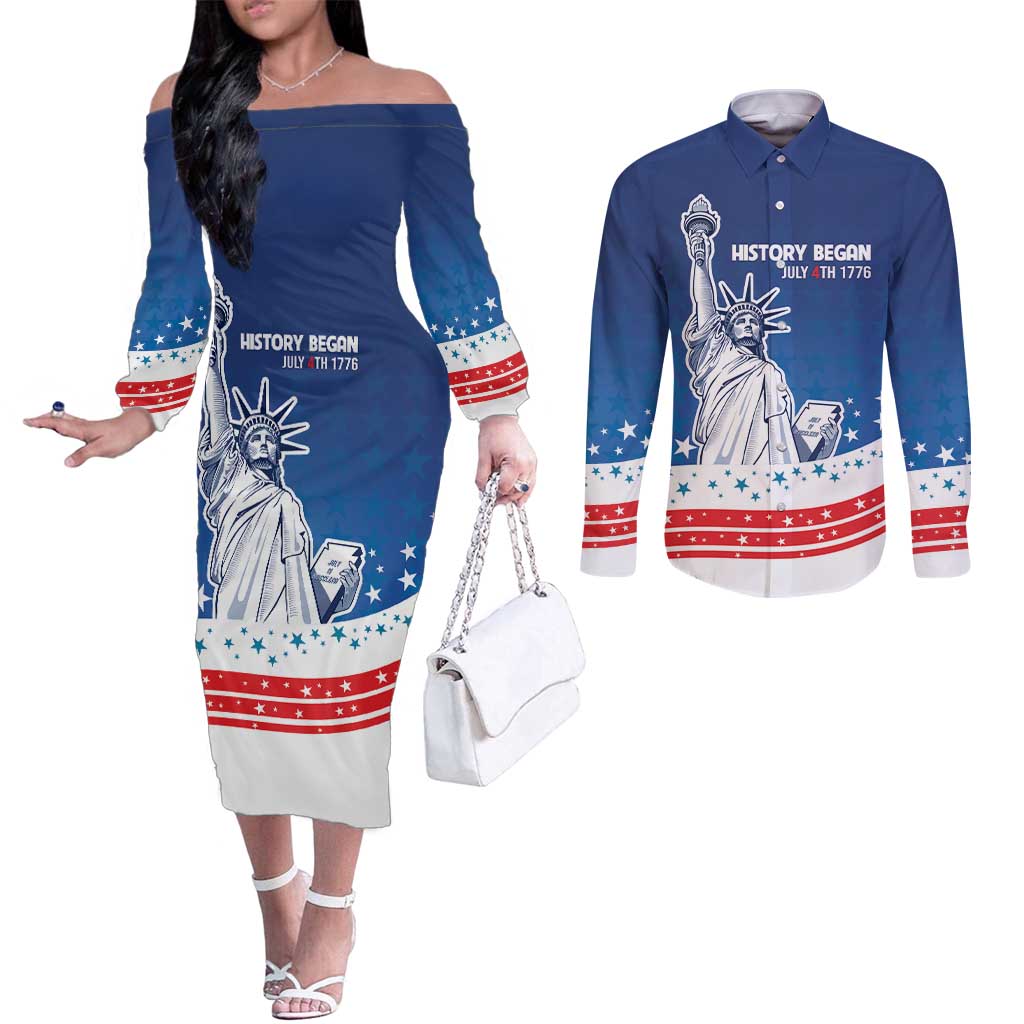History Began 4th of July Personalized Couples Matching Off The Shoulder Long Sleeve Dress and Long Sleeve Button Shirt Statue of Liberty US Flag