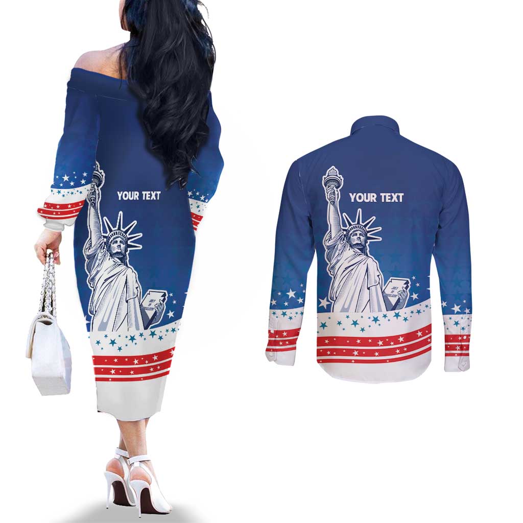 History Began 4th of July Personalized Couples Matching Off The Shoulder Long Sleeve Dress and Long Sleeve Button Shirt Statue of Liberty US Flag