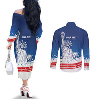History Began 4th of July Personalized Couples Matching Off The Shoulder Long Sleeve Dress and Long Sleeve Button Shirt Statue of Liberty US Flag