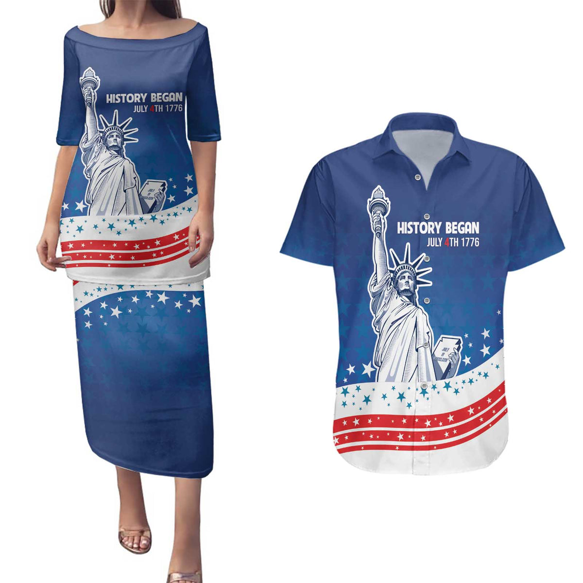 History Began 4th of July Personalized Couples Matching Puletasi and Hawaiian Shirt Statue of Liberty US Flag