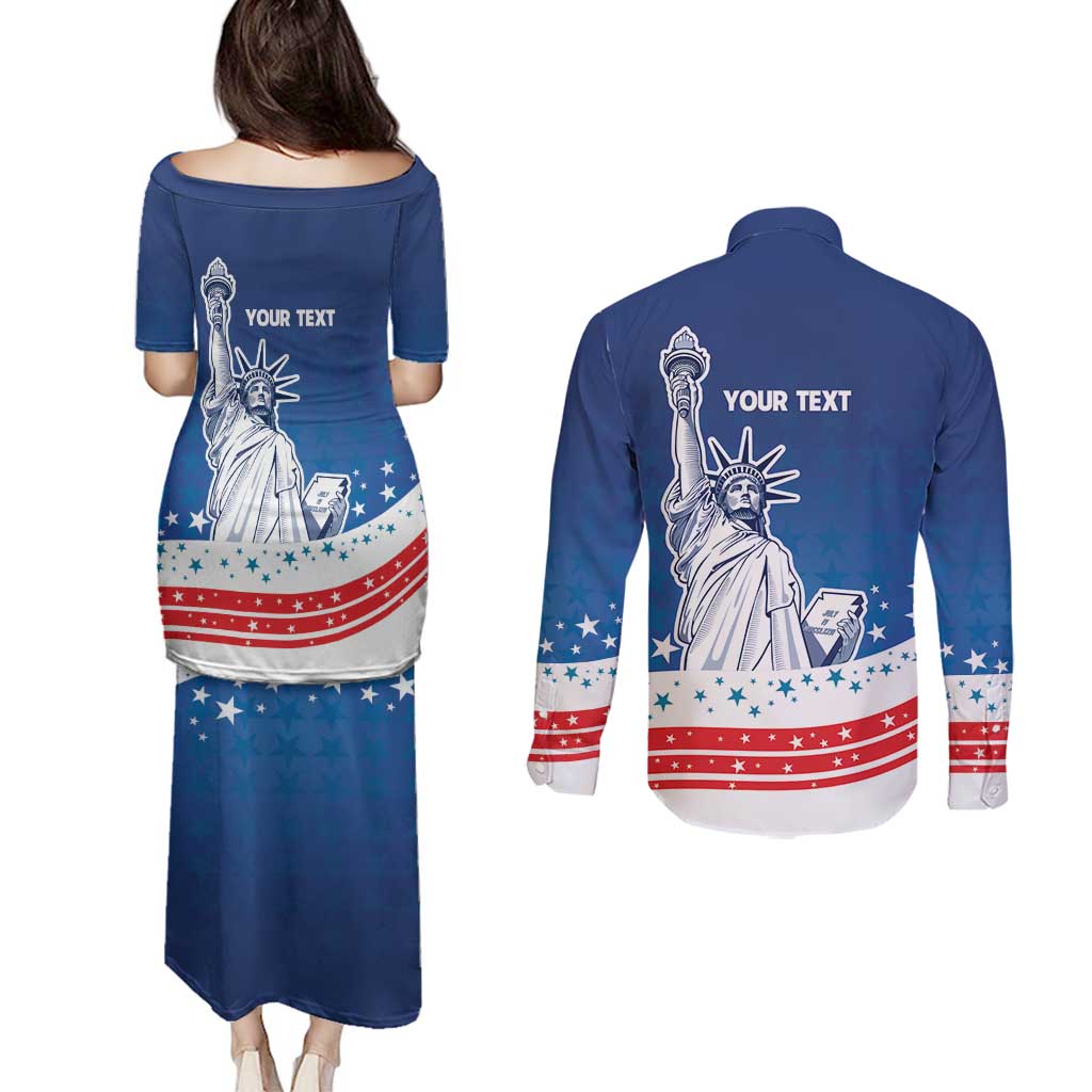 History Began 4th of July Personalized Couples Matching Puletasi and Long Sleeve Button Shirt Statue of Liberty US Flag
