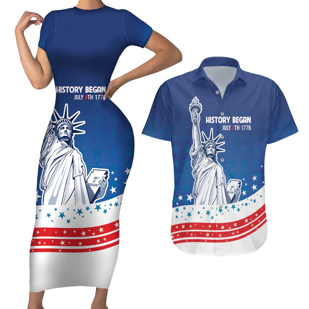 History Began 4th of July Personalized Couples Matching Short Sleeve Bodycon Dress and Hawaiian Shirt Statue of Liberty US Flag