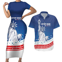 History Began 4th of July Personalized Couples Matching Short Sleeve Bodycon Dress and Hawaiian Shirt Statue of Liberty US Flag