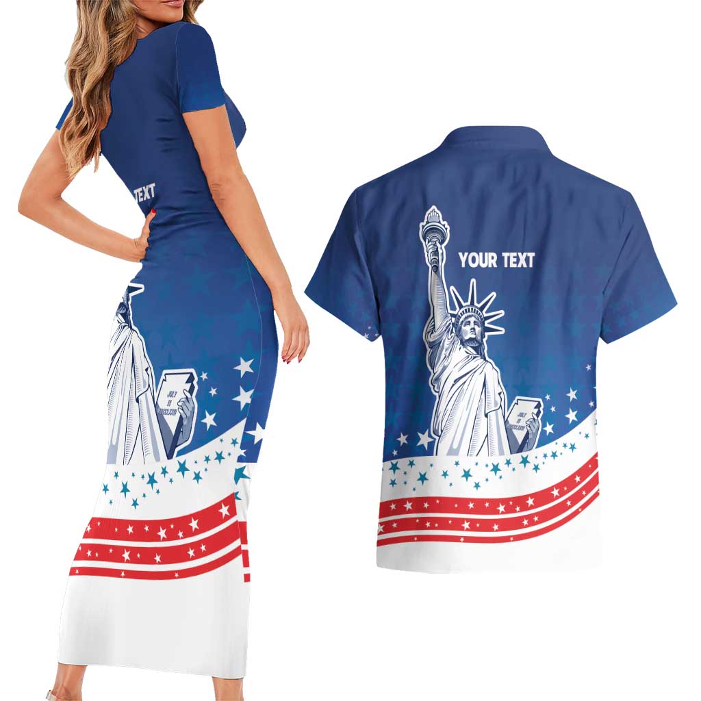 History Began 4th of July Personalized Couples Matching Short Sleeve Bodycon Dress and Hawaiian Shirt Statue of Liberty US Flag