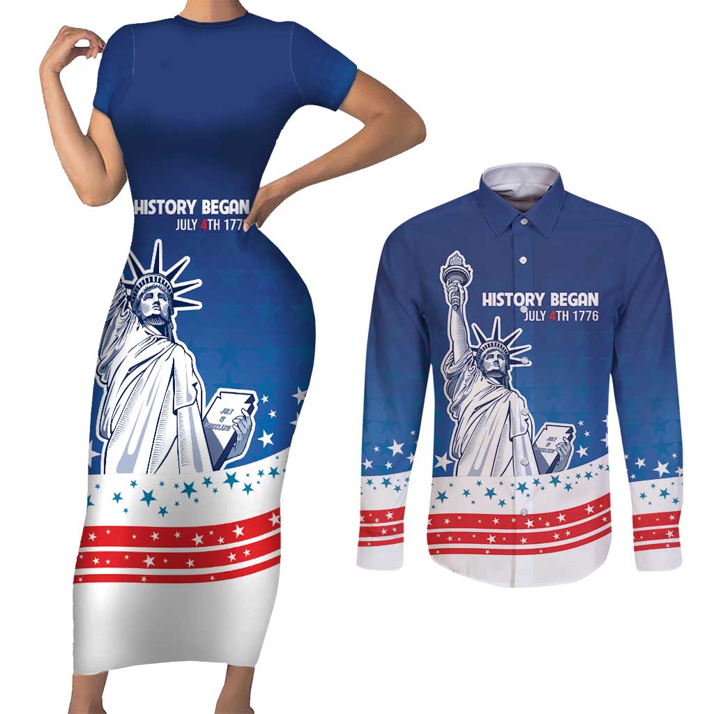 History Began 4th of July Personalized Couples Matching Short Sleeve Bodycon Dress and Long Sleeve Button Shirt Statue of Liberty US Flag