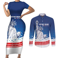 History Began 4th of July Personalized Couples Matching Short Sleeve Bodycon Dress and Long Sleeve Button Shirt Statue of Liberty US Flag