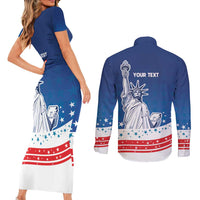 History Began 4th of July Personalized Couples Matching Short Sleeve Bodycon Dress and Long Sleeve Button Shirt Statue of Liberty US Flag