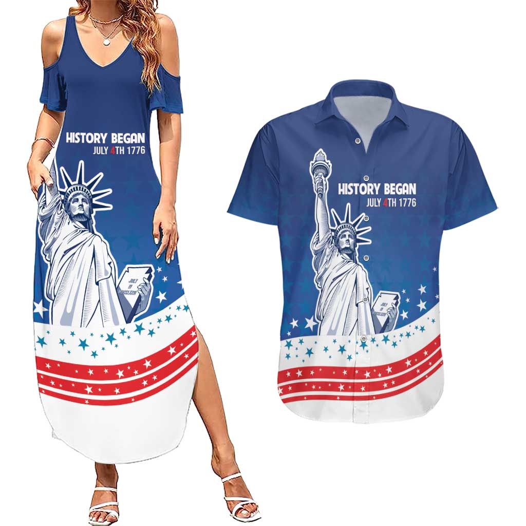 History Began 4th of July Personalized Couples Matching Summer Maxi Dress and Hawaiian Shirt Statue of Liberty US Flag