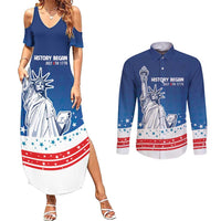 History Began 4th of July Personalized Couples Matching Summer Maxi Dress and Long Sleeve Button Shirt Statue of Liberty US Flag