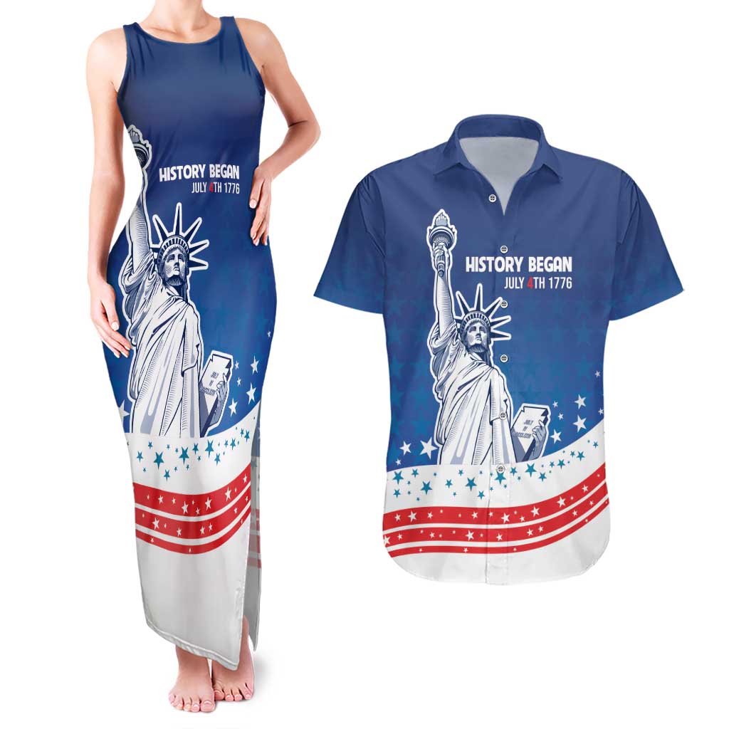 History Began 4th of July Personalized Couples Matching Tank Maxi Dress and Hawaiian Shirt Statue of Liberty US Flag