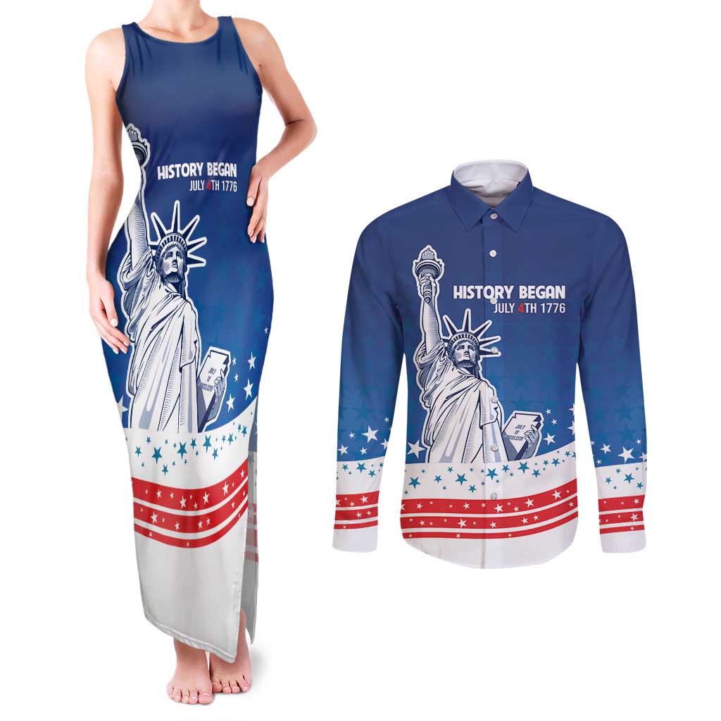History Began 4th of July Personalized Couples Matching Tank Maxi Dress and Long Sleeve Button Shirt Statue of Liberty US Flag