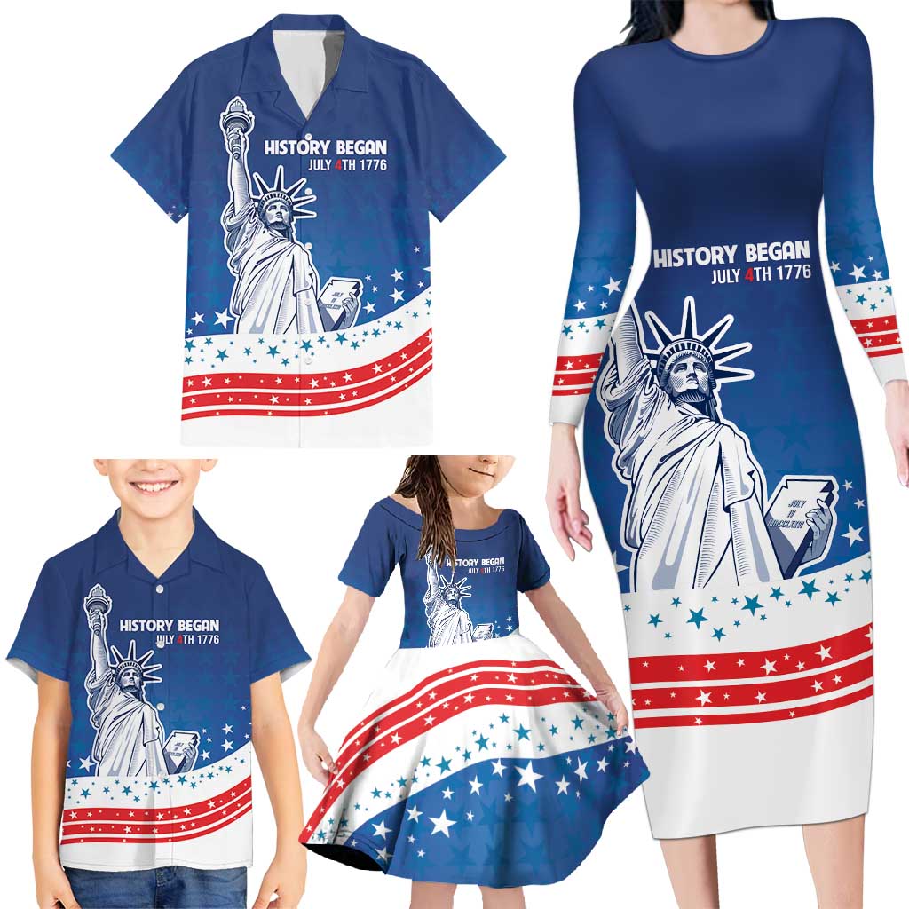 History Began 4th of July Personalized Family Matching Long Sleeve Bodycon Dress and Hawaiian Shirt Statue of Liberty US Flag