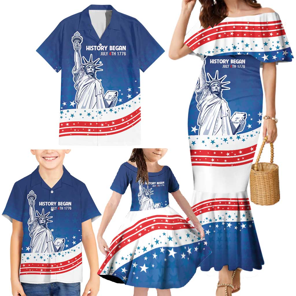 History Began 4th of July Personalized Family Matching Mermaid Dress and Hawaiian Shirt Statue of Liberty US Flag