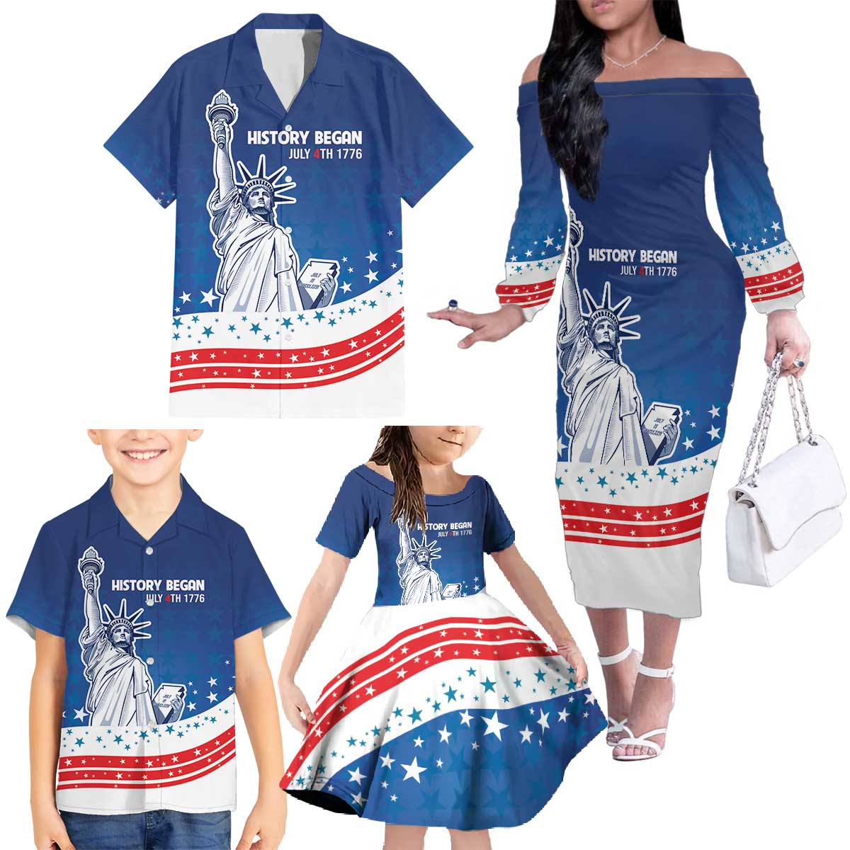 History Began 4th of July Personalized Family Matching Off The Shoulder Long Sleeve Dress and Hawaiian Shirt Statue of Liberty US Flag