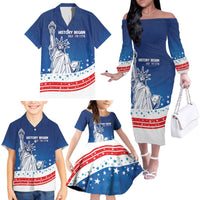 History Began 4th of July Personalized Family Matching Off The Shoulder Long Sleeve Dress and Hawaiian Shirt Statue of Liberty US Flag