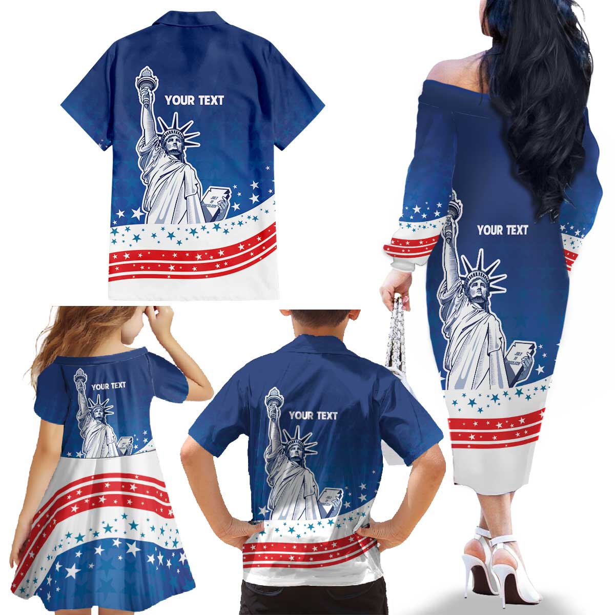 History Began 4th of July Personalized Family Matching Off The Shoulder Long Sleeve Dress and Hawaiian Shirt Statue of Liberty US Flag