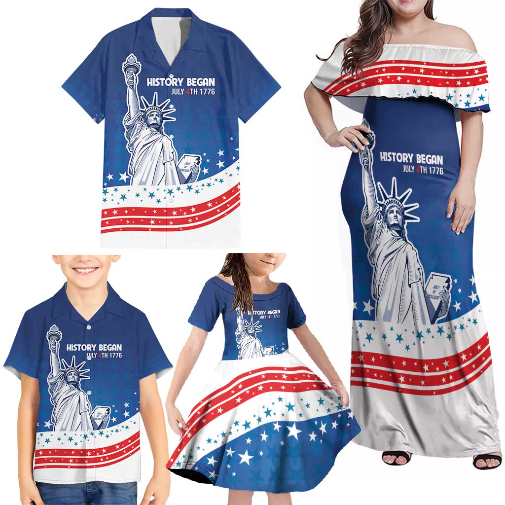 History Began 4th of July Personalized Family Matching Off Shoulder Maxi Dress and Hawaiian Shirt Statue of Liberty US Flag