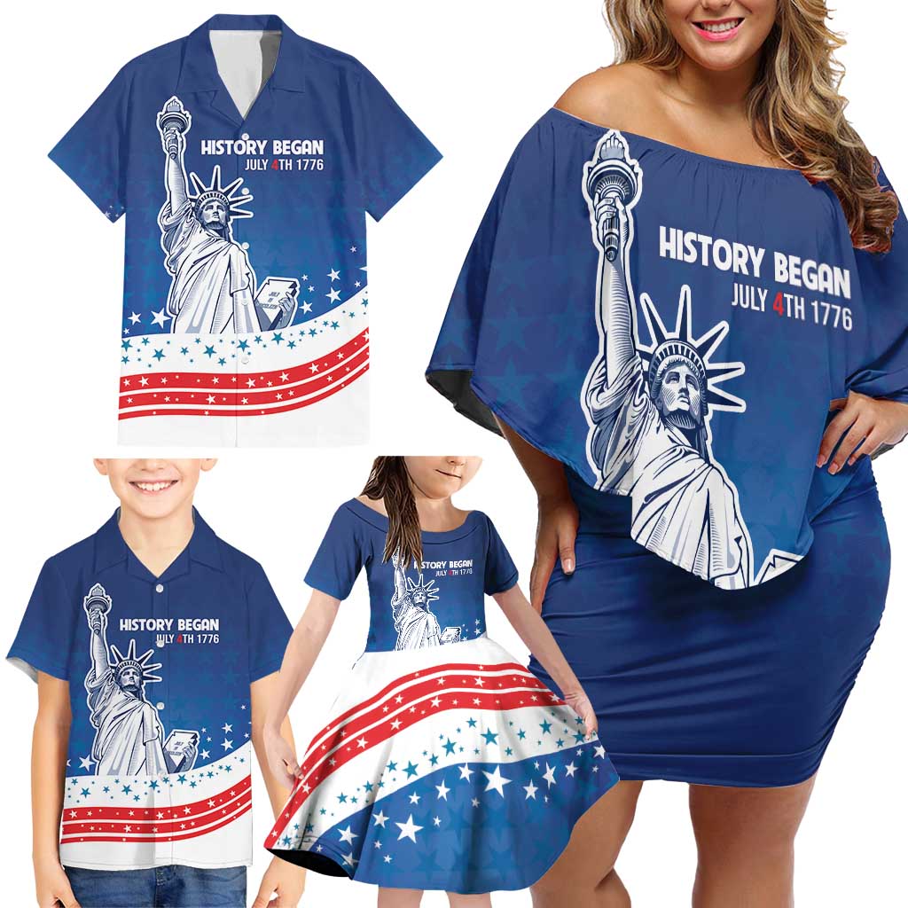 History Began 4th of July Personalized Family Matching Off Shoulder Short Dress and Hawaiian Shirt Statue of Liberty US Flag