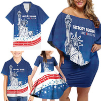 History Began 4th of July Personalized Family Matching Off Shoulder Short Dress and Hawaiian Shirt Statue of Liberty US Flag