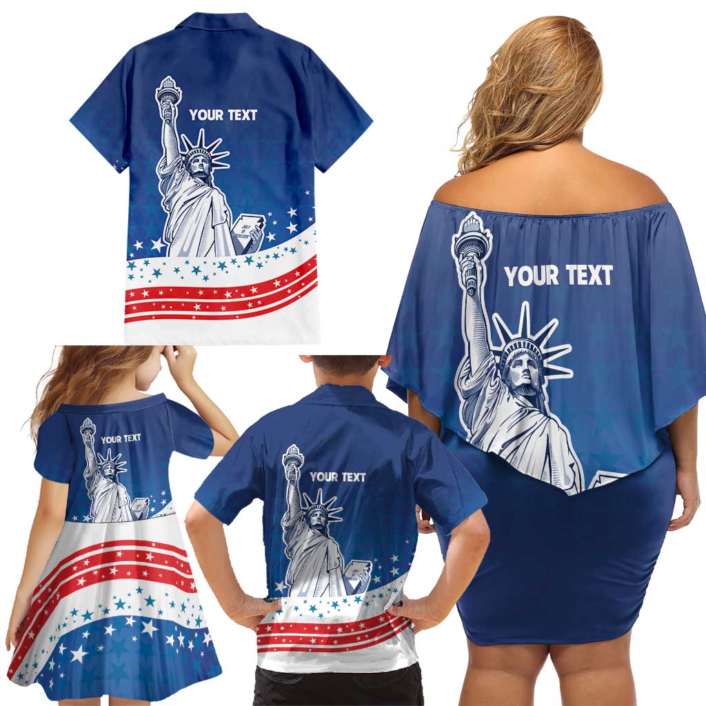 History Began 4th of July Personalized Family Matching Off Shoulder Short Dress and Hawaiian Shirt Statue of Liberty US Flag