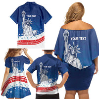 History Began 4th of July Personalized Family Matching Off Shoulder Short Dress and Hawaiian Shirt Statue of Liberty US Flag