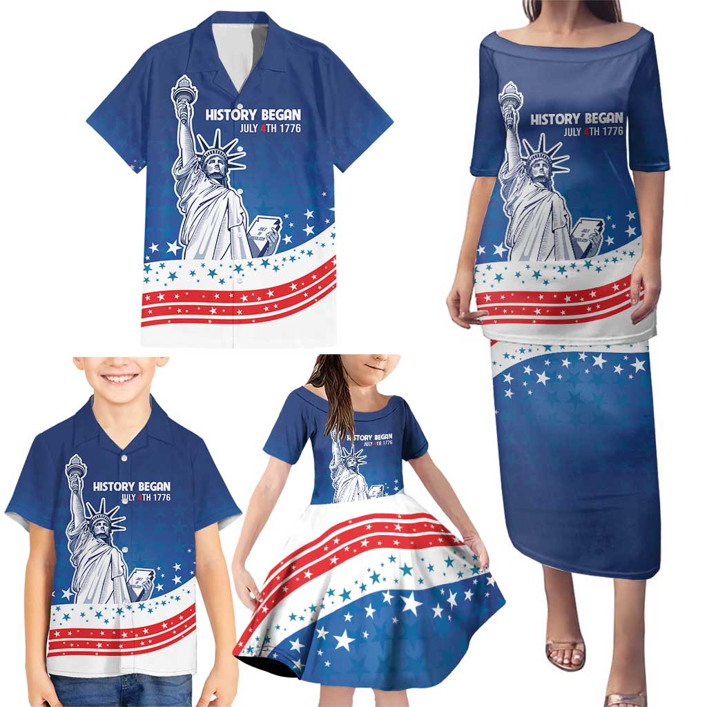History Began 4th of July Personalized Family Matching Puletasi and Hawaiian Shirt Statue of Liberty US Flag