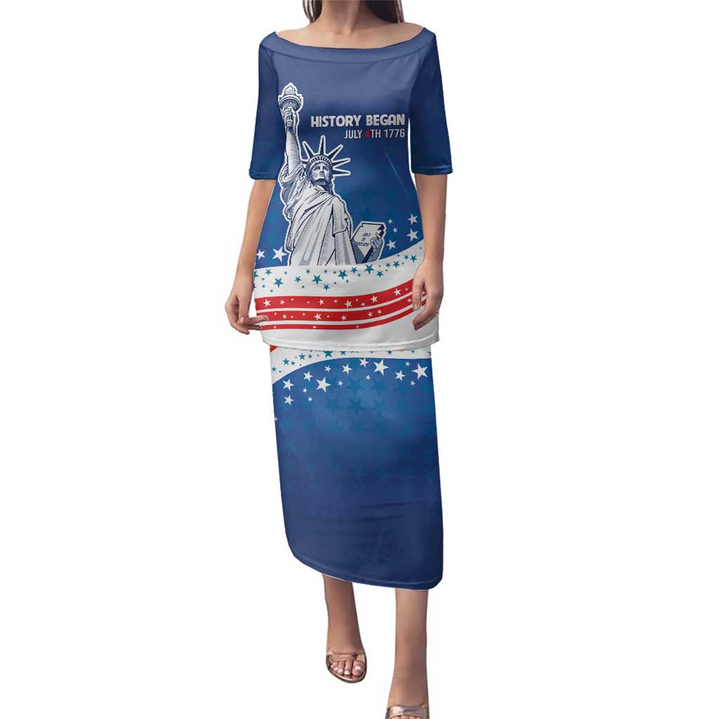 History Began 4th of July Personalized Family Matching Puletasi and Hawaiian Shirt Statue of Liberty US Flag