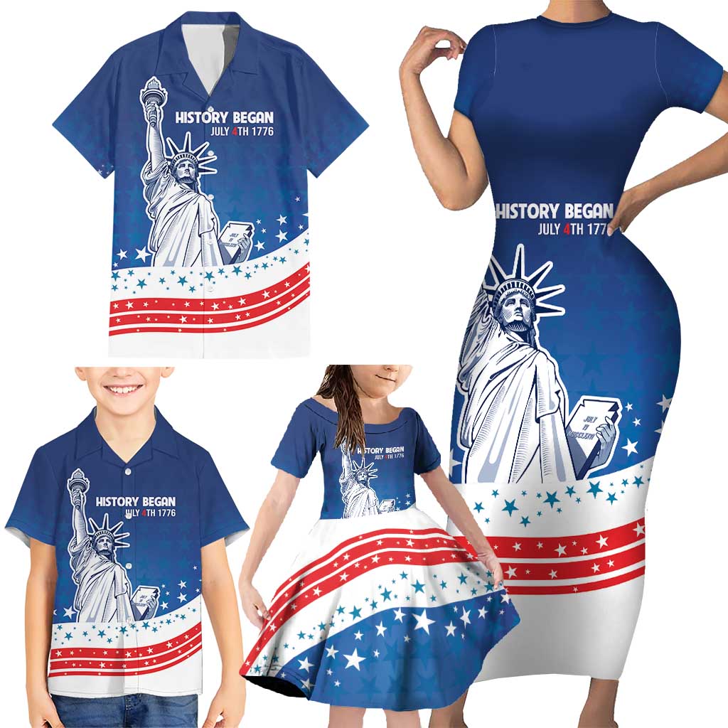 History Began 4th of July Personalized Family Matching Short Sleeve Bodycon Dress and Hawaiian Shirt Statue of Liberty US Flag