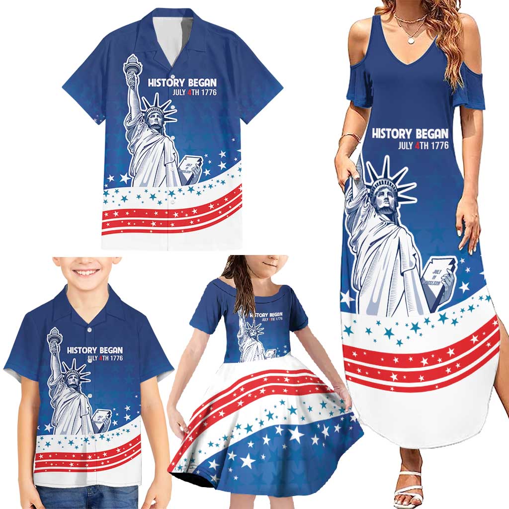 History Began 4th of July Personalized Family Matching Summer Maxi Dress and Hawaiian Shirt Statue of Liberty US Flag