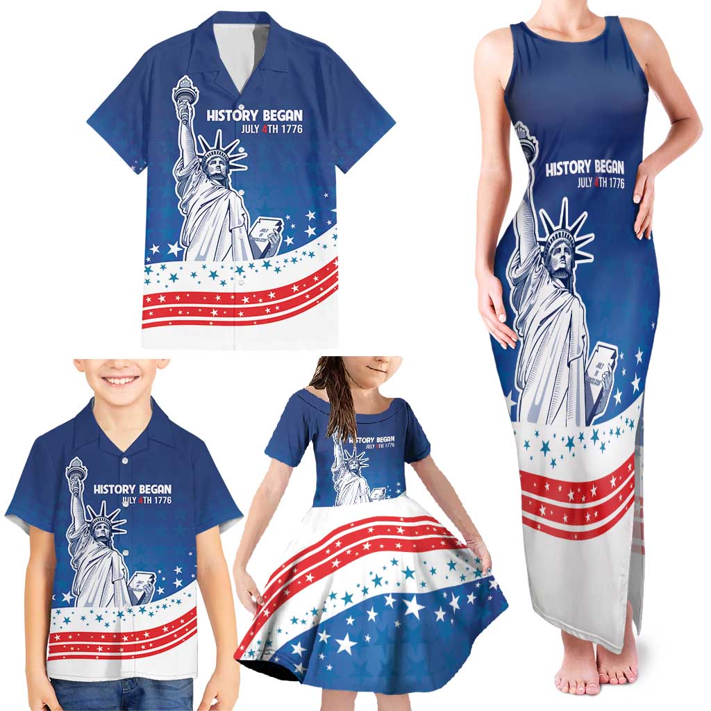 History Began 4th of July Personalized Family Matching Tank Maxi Dress and Hawaiian Shirt Statue of Liberty US Flag