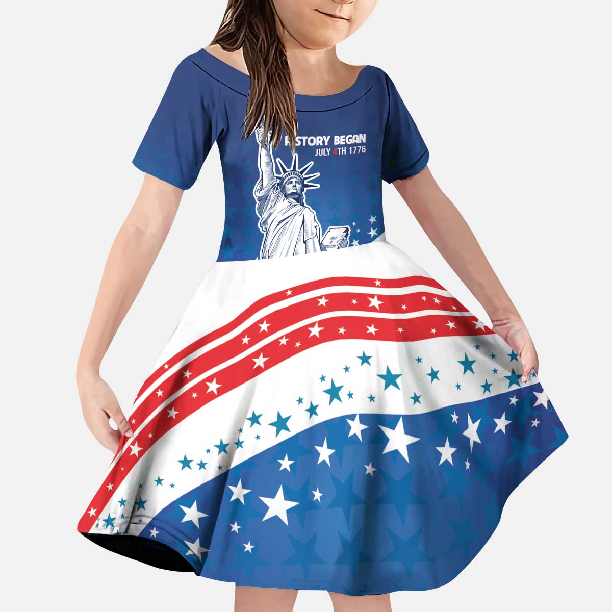 History Began 4th of July Personalized Kid Short Sleeve Dress Statue of Liberty US Flag