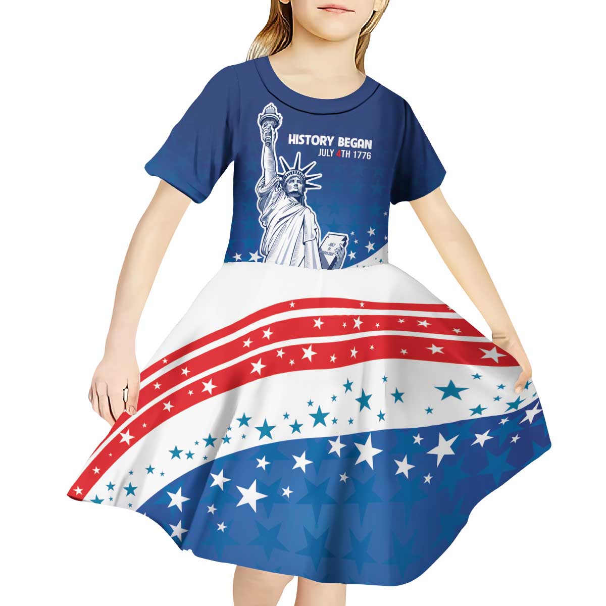 History Began 4th of July Personalized Kid Short Sleeve Dress Statue of Liberty US Flag