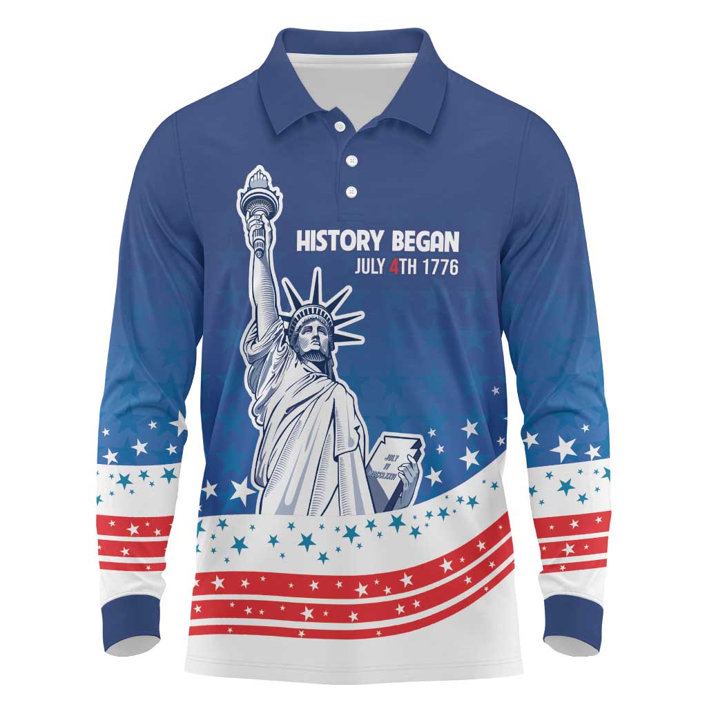 History Began 4th of July Personalized Long Sleeve Polo Shirt Statue of Liberty US Flag