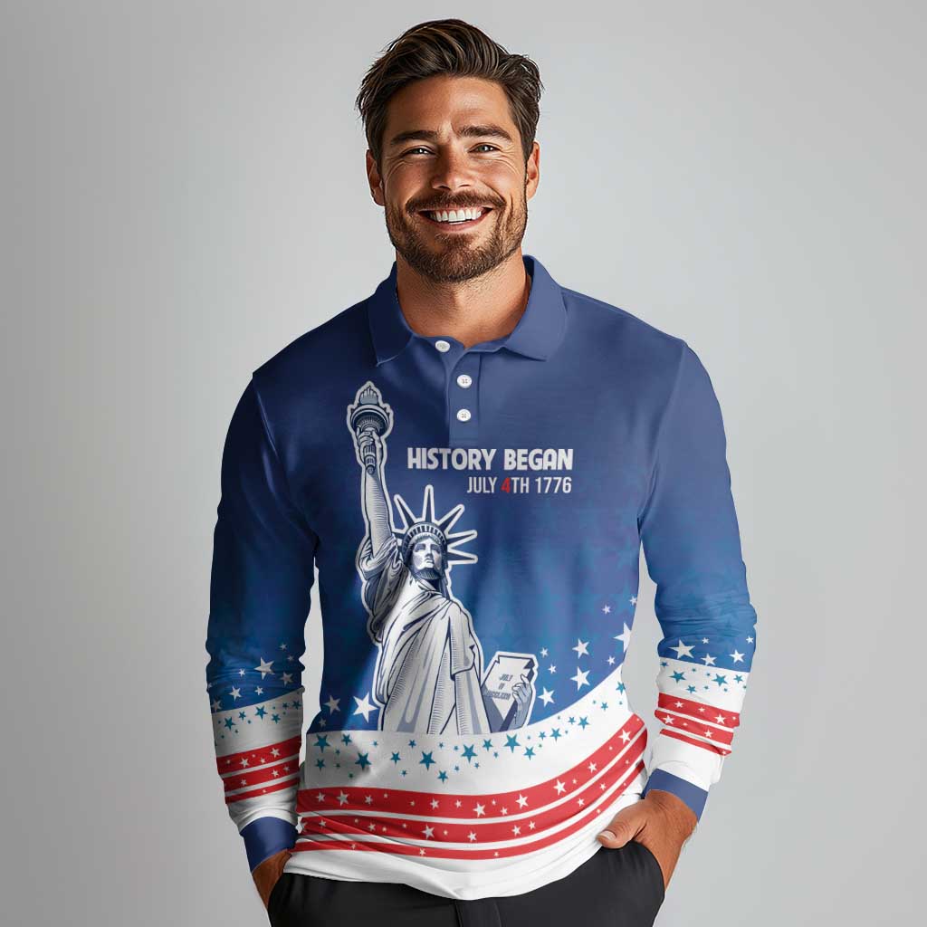 History Began 4th of July Personalized Long Sleeve Polo Shirt Statue of Liberty US Flag
