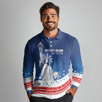History Began 4th of July Personalized Long Sleeve Polo Shirt Statue of Liberty US Flag