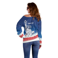 History Began 4th of July Personalized Off Shoulder Sweater Statue of Liberty US Flag