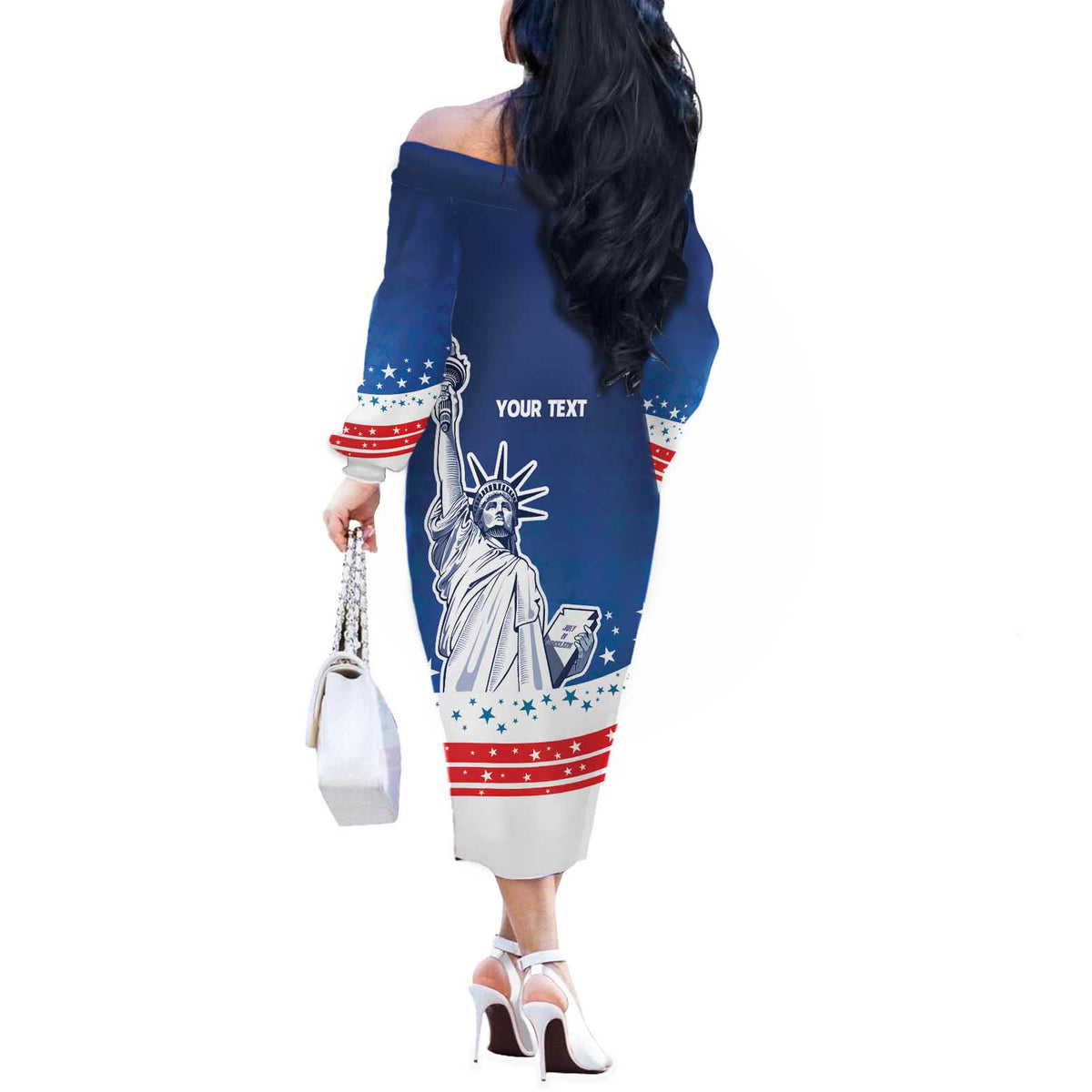History Began 4th of July Personalized Off The Shoulder Long Sleeve Dress Statue of Liberty US Flag