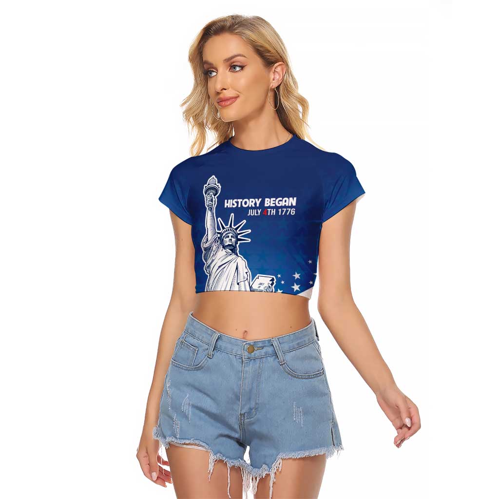 History Began 4th of July Personalized Raglan Cropped T Shirt Statue of Liberty US Flag