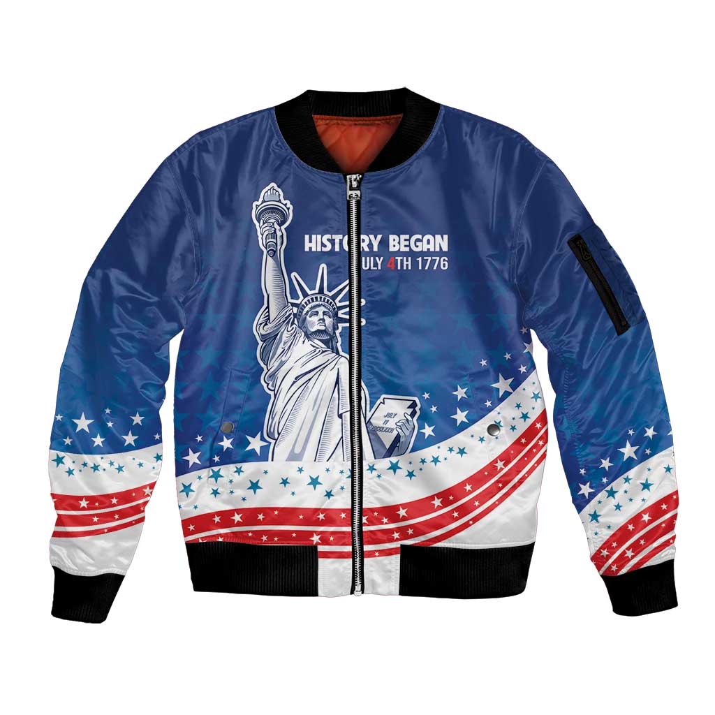 History Began 4th of July Personalized Sleeve Zip Bomber Jacket Statue of Liberty US Flag