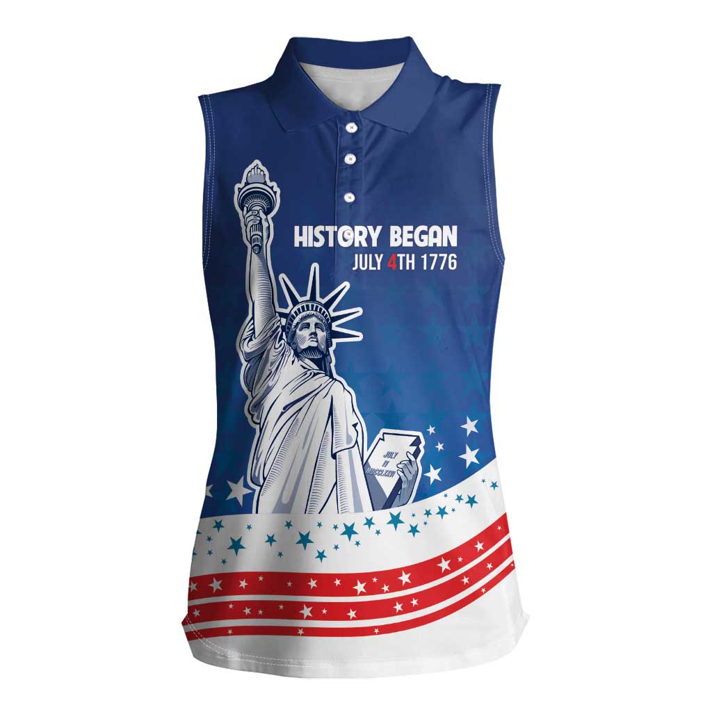History Began 4th of July Personalized Women Sleeveless Polo Shirt Statue of Liberty US Flag